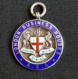 Silver & Enamel Fob Medal London Business Houses 1929 A.  S.  A.  Swimming Team 2