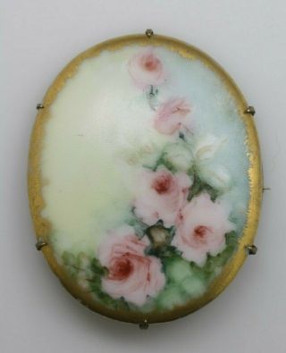 Vintage Antique Porcelain Hand Painted Roses Pink Flower Gold Tone Pin Brooch