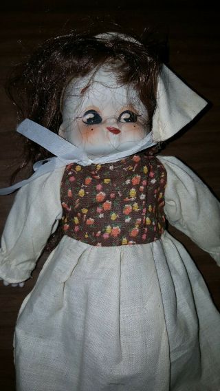 Vintage Rag Doll W Porcelain Ceramic Head Hands Feet Cotton Dress Apron Bonnet