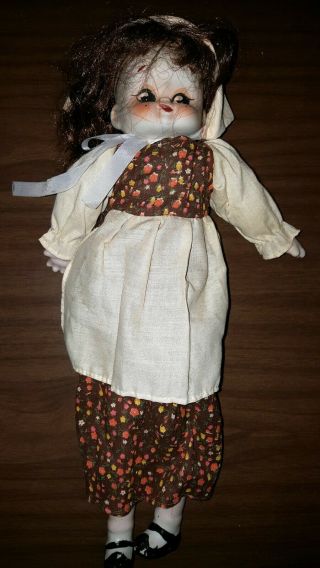 Vintage Rag Doll w Porcelain Ceramic Head Hands Feet Cotton Dress Apron Bonnet 3