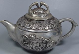 China Collectable Handwork Old Miao Silver Carve Child Ride Kylin Lucky Tea Pot