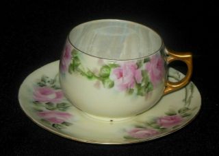 Antique Hand Painted Tea Cup Saucer Pink Roses