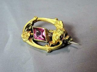 Antique Art Nouveau Brooch Pin Faceted Pink Stone Ladies Face & Flowers Ca 1900