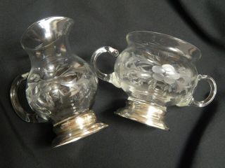 Vtg Sterling Silver And Etched Glass Elegant Sugar Bowl And Creamer