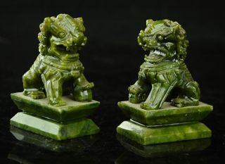 Rare A Pair 100 China Natural Jade Hand - Carved Statues Fo Dog Lion