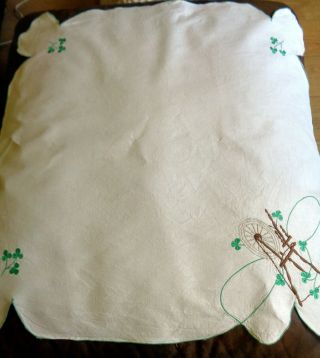 Vintage Tablecloth Cream Irish Shamrocks Spinning Wheel Embroidered Linen 33 " Sq