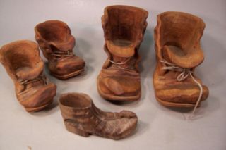 Group Of 5 Hand Carved Whittled Wood Folk Art Shoes Detailed Sculpture Figure