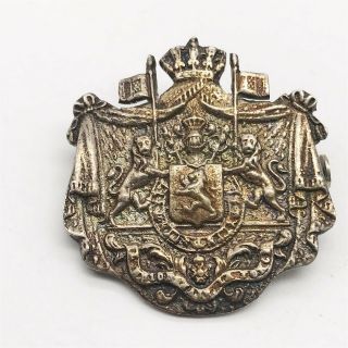 Antique Solid Silver Belguim Royal Crest Military Army Officers Badge Brooch