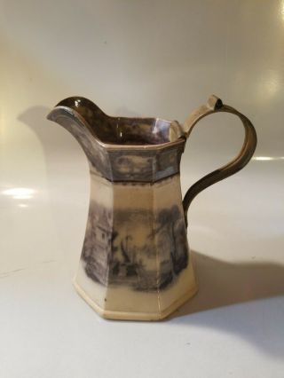 Vintage Antique Mulberry Stoneware Pottery Pitcher With Brass Handle