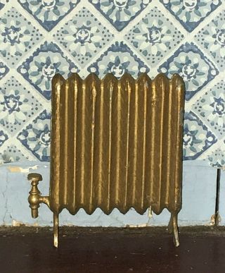 Antique Vtg Dollhouse Miniature Metal German Fancy Gold Brass Gilt Radiator B