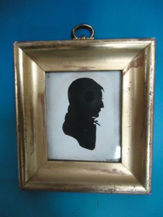 Antique Small Hand Painted Primitive Silhouette Portrait In Lemon Gold Frame