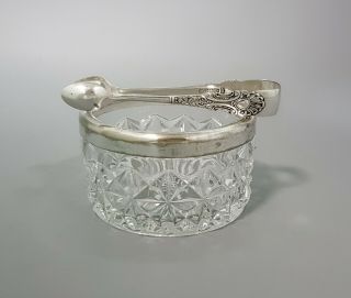 Art Deco Pressed Glass Silver Plate Large Sugar Candy Bowl Antique Floral Tongs