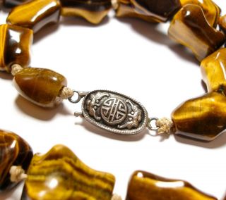 Vintage Or Antique Chinese Tigers Eye Necklace With A Silver Clasp