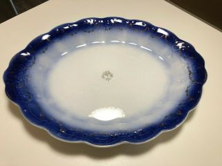 Antique La Francaise Lg 15 " Flow Blue Oval Platter Gold Wreath Trim