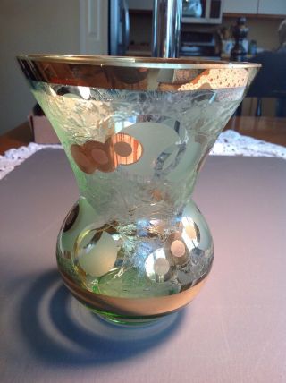 Vintage Mid Century Clear/frosted Green Glass Vase W/ Gold Geometric Design