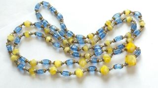 Czech Antique Art Deco Very Long Yellow And Blue Glass Bead Necklace
