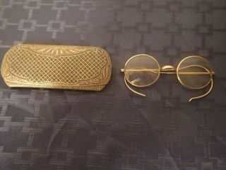 Vintage Round Antique Wire Rim Eyeglass Frames Glasses With Art Deco Case