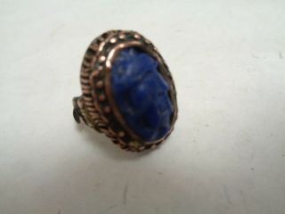 Antique Chinese Molded Blue Stone Gold Or Copper Ornate Band Ring Adjustable