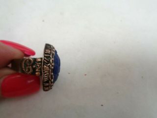 Antique Chinese Molded Blue Stone Gold or Copper Ornate Band Ring adjustable 2