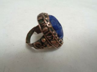 Antique Chinese Molded Blue Stone Gold or Copper Ornate Band Ring adjustable 3