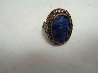 Antique Chinese Molded Blue Stone Gold or Copper Ornate Band Ring adjustable 5