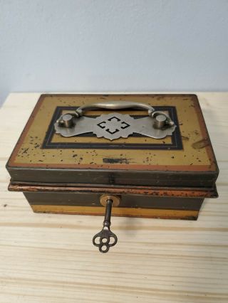 Antique Metal Document / Cash Box With Key And Insert Made In England