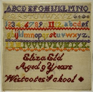 Small Late 19th Century School Alphabet Sampler By Eliza Eld Aged 9 - C,  1880