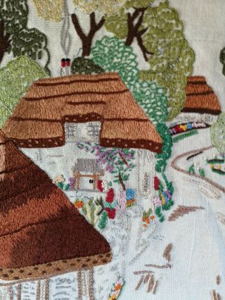 Large Detailed Vintage Embroidered English Country Cottages Village Scene