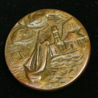 Antique Vtg Button Picture Of A Sailboat & Villiage In Stamped Brass 7/8 B9