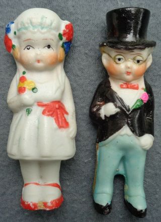 Antique All Bisque Wedding Cake Dolls Toppers Bride And Groom 1930s Japan