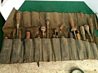 21pc.  Mixed Antique Harness Saddle & Leather Tools - In Roll Up Leather Pouch