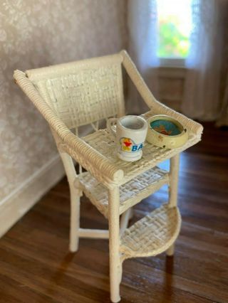 1980s Miniature Dollhouse Artisan Wicker Baby High Chair Lift Tray Bowl & Cup
