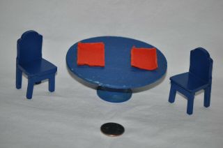 Blue Round Table & 2 Strombecker Chairs Red Placemats 3/4 Scale Doll Furniture