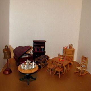 Dollhouse 1:12 Scale Wood Table Chairs Book And Shelf Ice Box Trunk Piano Rocker
