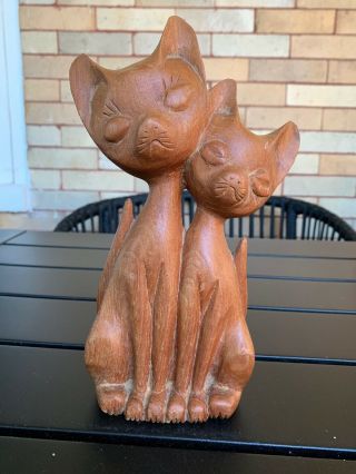 Vintage Mid Century Carved Wood Wooden Siamese Cats Kittens
