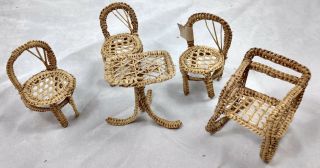 Big Imports Wicker Dollhouse Furniture Miniature Kitchen Table Chairs Vtg