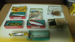 8 Vintage Fishing Lures,  1 Box Of Vintage Hooks