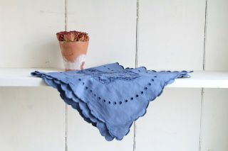Blue Embroidered Table Runner Cutwork Cotton Mottled Hand Dyed Vintage 1910