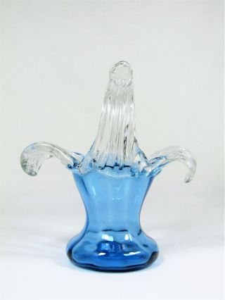 Antique Victorian Bohemian Kralik Blue Art Glass Applied Basket Cabinet Vase