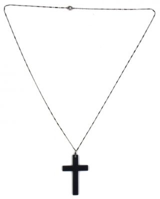 Antique Art Deco Black Enamel Onyx Cross Pendant Sterling Silver Chain Necklace