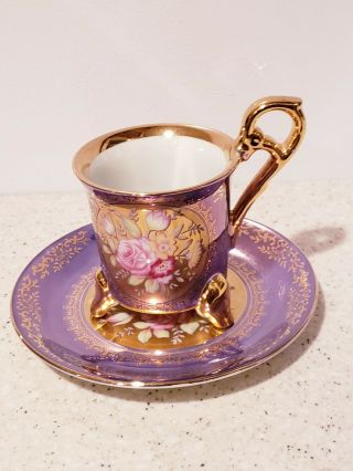 Vintage 3 Footed Tea Cup & Saucer Ohashi China Japan Purple Heavy Gold 1932