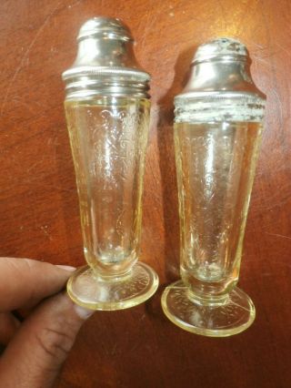 Pair Vintage Antique Yellow Depression Glass Salt & Pepper Shakers Footed W/ Lid