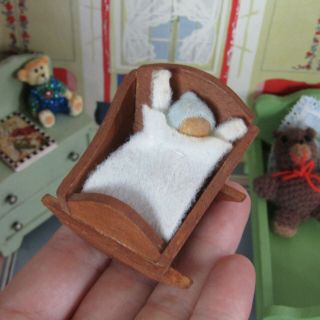 Vtg Dollhouse 50s 60s Baby Doll & Wood Cradle Miniature Wooden Nursery Furniture