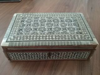Vintage Wooden,  Mother Of Pearl Box With Hinged Lid