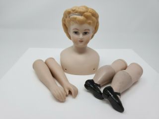 Vintage Parian Bisque Shoulder Head Doll Arms Legs Head Set No Body Blonde Hair