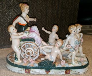 Large Vintage Arnart,  Japan Glazed Porcelain Putti Cherubs Carriage Majolica