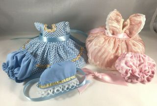 2 Vintage Dresses Fit Ginny - Blue W - Bonnet & Pink W - Bow (no Doll)
