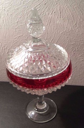Vintage Glass Clear & Red Pedastal Candy Dish W/lid 11.  5 " Tall