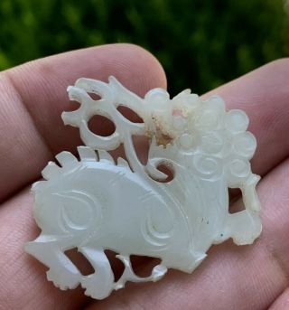 Antique Qing Dynasty Chinese Hand Carved White Jade Pendant Of Qilin Beast