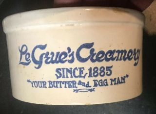 Vintage Legeue’s Creamery Blue & White Stoneware Advertising Butter Crock
